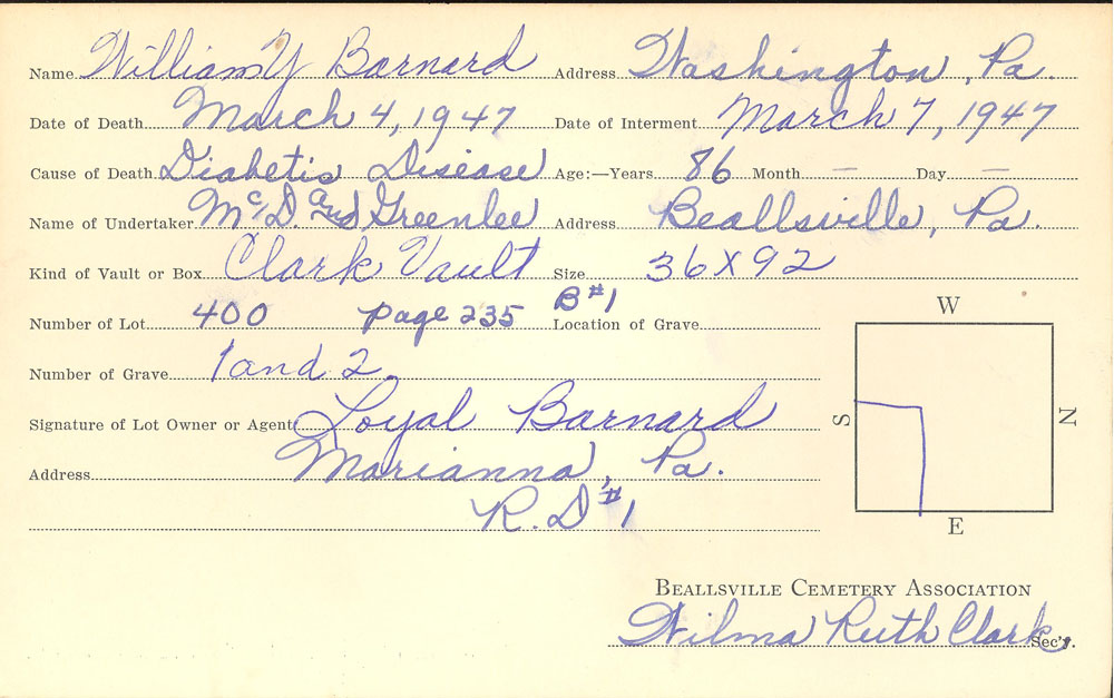 William Yancy Barnard burial card